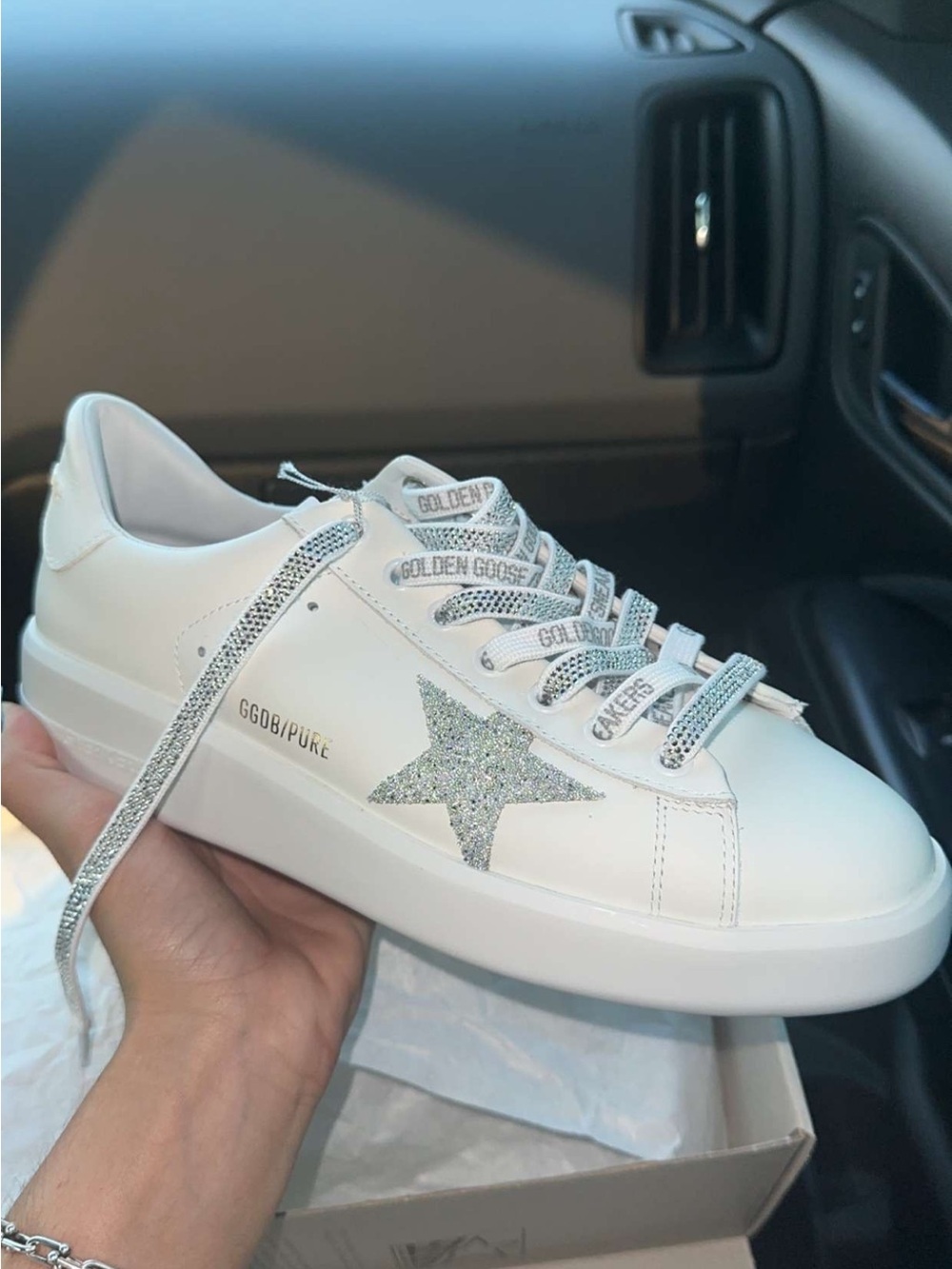 Golden Goose White Leather Sneakers with Silver Crystal Star Accent - Picture 2 of 14
